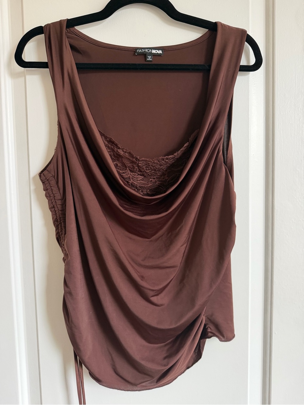 Fashion Nova Chocolate Brown Draped Lace-Trim Tank